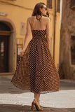 Brown Chiffon A-Line Halter Tea Length Polka Dots Dress