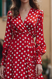 Red and White Chiffon V-Neck A-Line Long Sleeves Polka Dots Dress