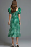Green Satin Square Neck Sheath Tea Length Polka Dots Dress