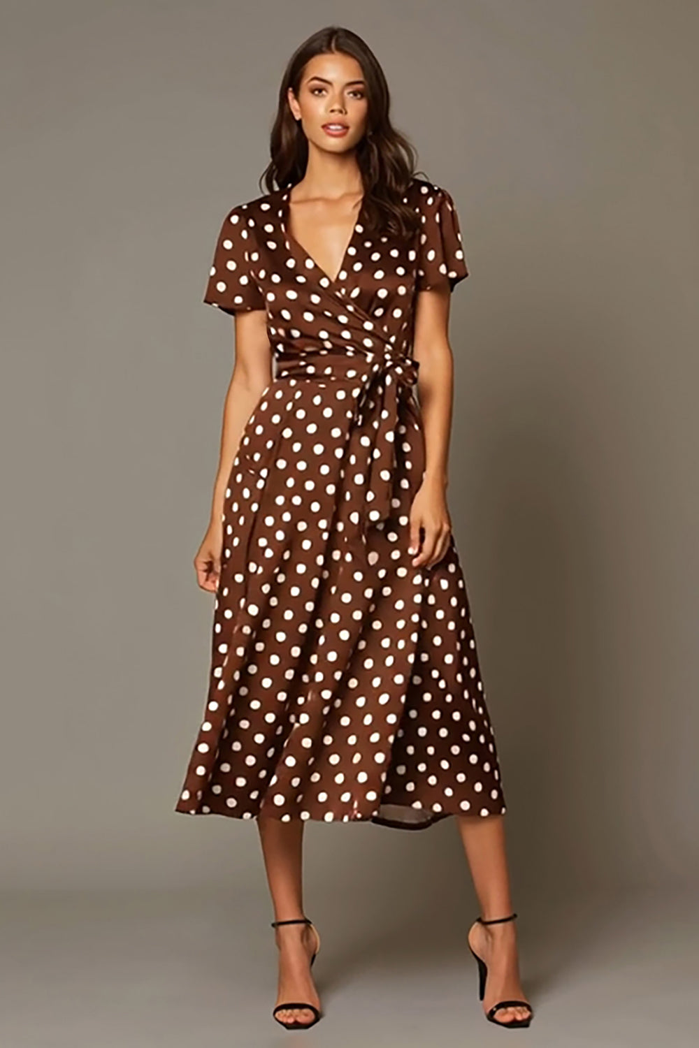 Brown Satin A-Line V-Neck Tea Length Polka Dots Dress