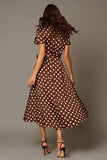 Brown Satin A-Line V-Neck Tea Length Polka Dots Dress