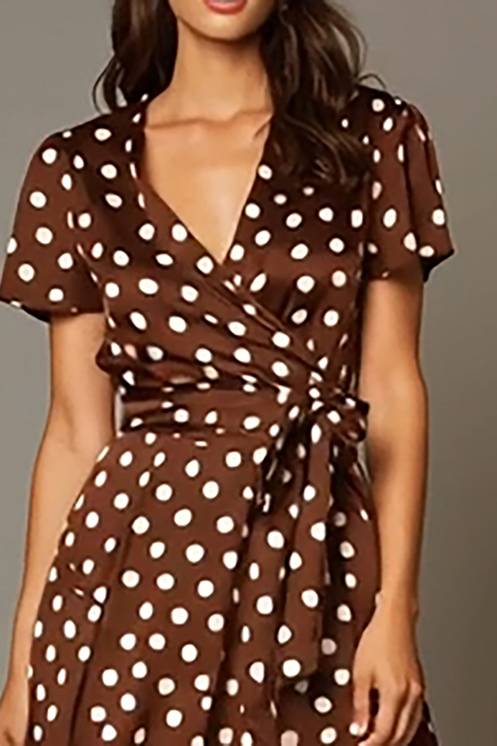 Brown Satin A-Line V-Neck Tea Length Polka Dots Dress