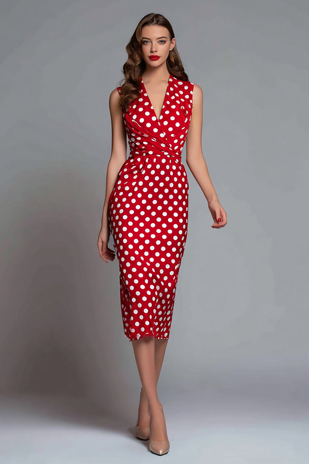 Red Satin V-Neck Bodycon Tea Length Polka Dots Dress