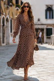 Brown Chiffon A-Line Long Sleeves V-Neck Polka Dots Dress