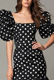 Black and White Square Neck Satin Short Polka Dots Dress with Ruffles