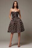 Dark Brown Strapless Satin A-Line Midi Polka Dots Dress