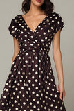 Dark Brown V-Neck Satin A-Line Tea Length Polka Dots Dress