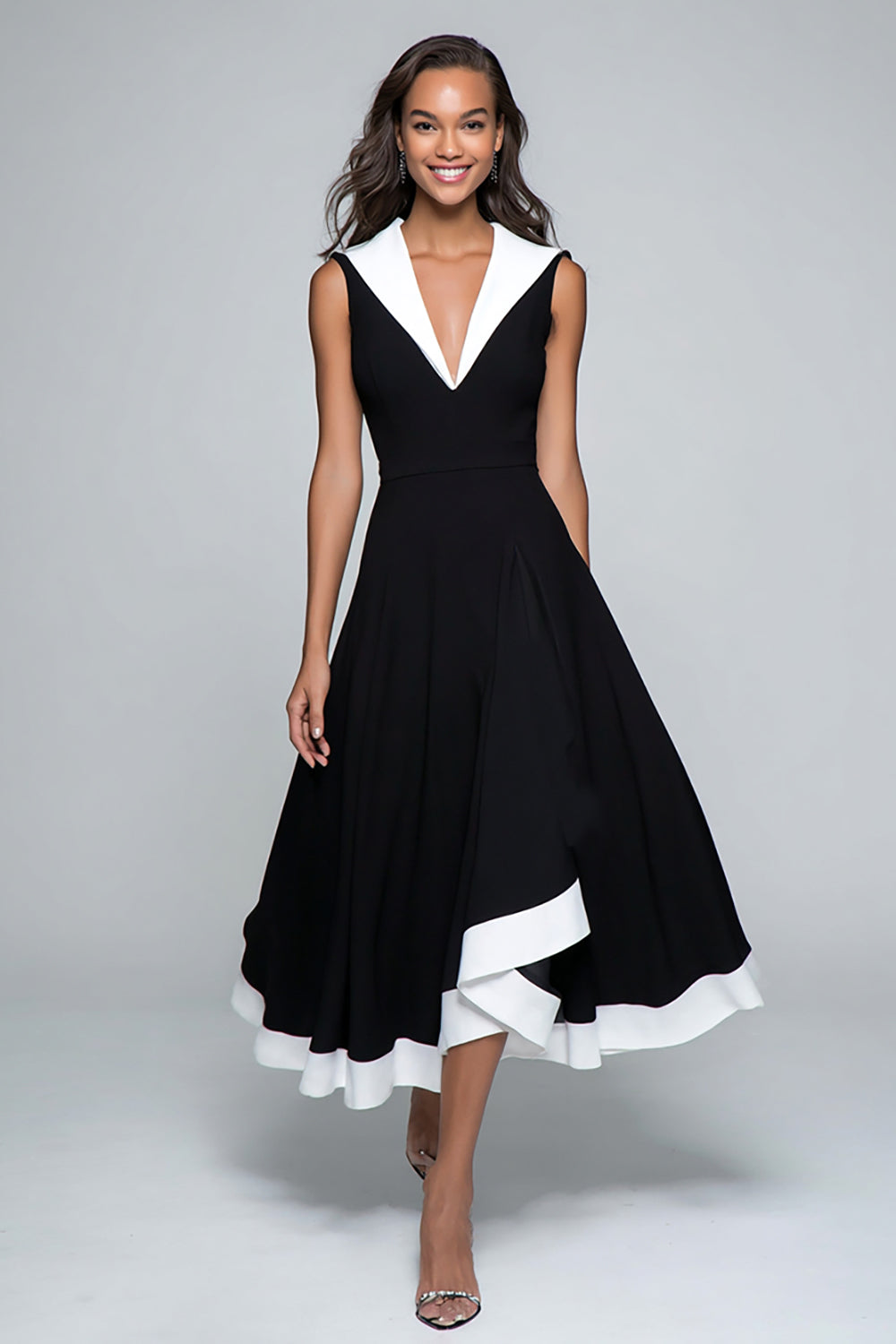 Black and White A Line V Neck Midi Formal Dress