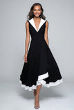 Black and White A Line V Neck Midi Formal Dress