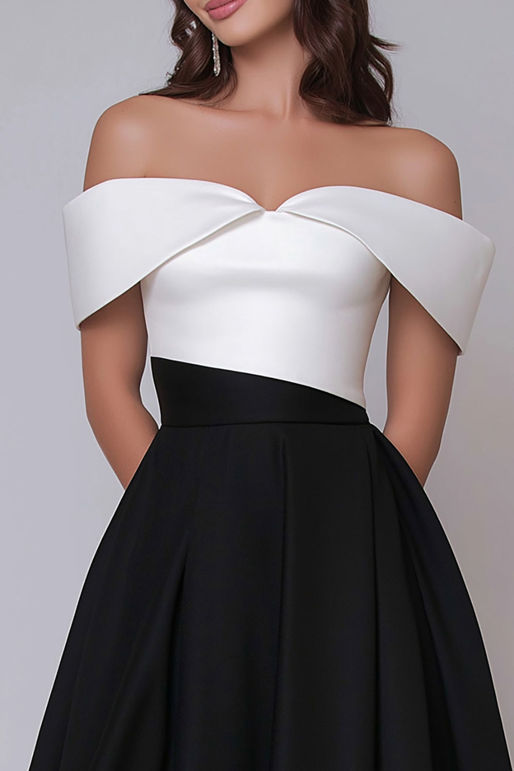 Off the Shoulder Black and White A Line Long Formal Dress