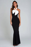 Black and White Sheath Halter Long Formal Dress with Bow