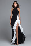 Black and White A Line Cut Out Long Formal Dress with Ruffles