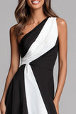 Black and White A Line One Shoulder Long Formal Dress