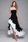 Black and White A Line Ruffled Strapless Long Formal Dress with Slit