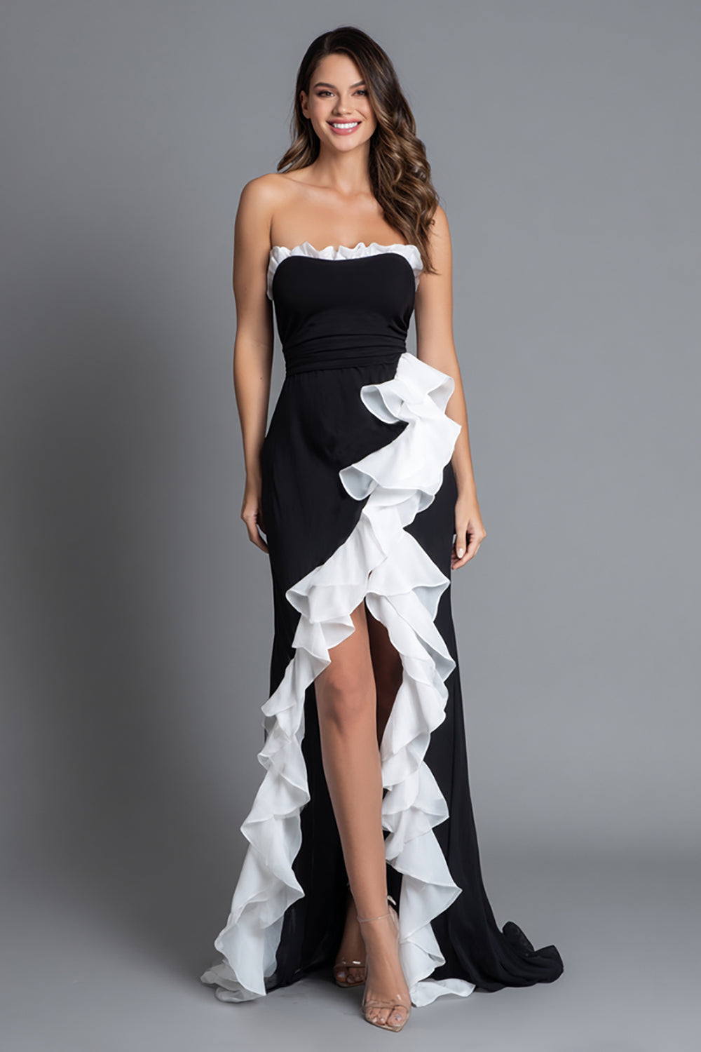 Black and White Strapless A Line Long Formal Dress with Slit