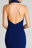Navy Sheath Satin High Neck Long Formal Dress with Slit