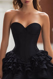 Black Satin Tiered Short Corset Cocktail Dress with Ruffles