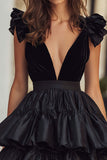 Black Velvet V-Neck A Line Tiered Homecoming Dress