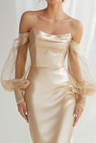 Champagne Satin Off The Shoulder Sheath Long Bridesmaid Dress with Sleeves