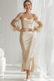 Champagne Satin Off The Shoulder Sheath Long Bridesmaid Dress with Sleeves