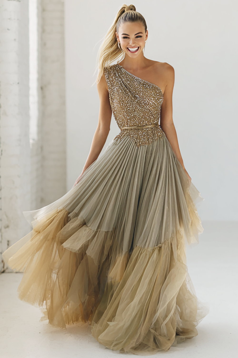 Sparkly Navy One Shoulder Sequins A Line Long Wedding Guest Dress with Ruffles