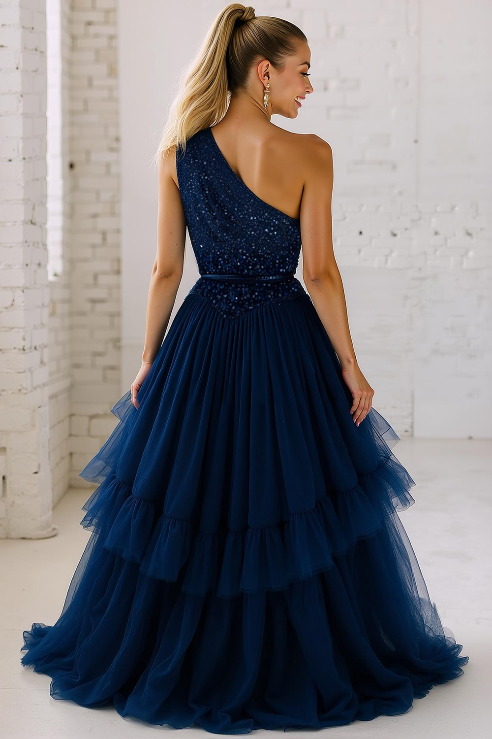 Sparkly Navy One Shoulder Sequins A Line Long Wedding Guest Dress with Ruffles