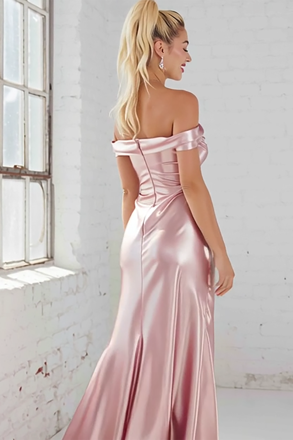 Pink Satin Sheath Ruched Off The Shoulder Long Bridesmaid Dress