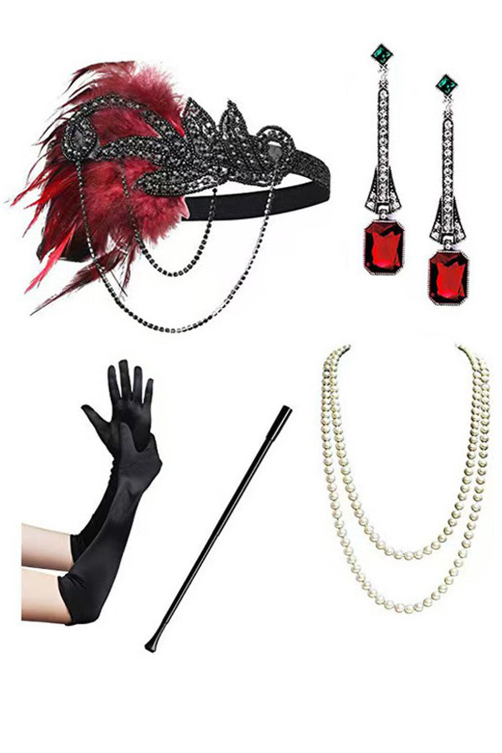 Fringed Black Red Sequin 1920s Dress with 5-Piece Accessory Set