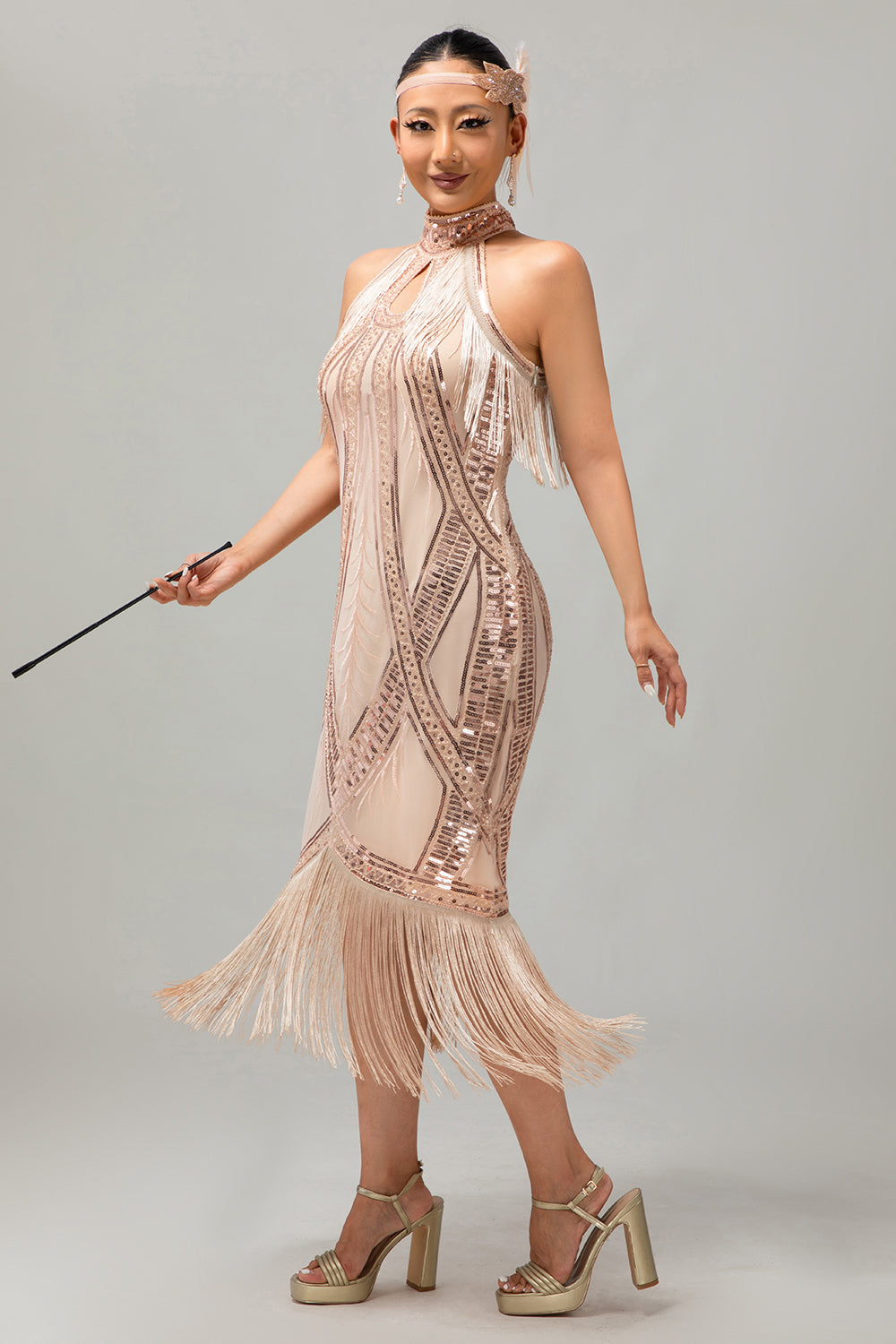 Champagne Halter Sequin Keyhole Fringed 1920s Dress