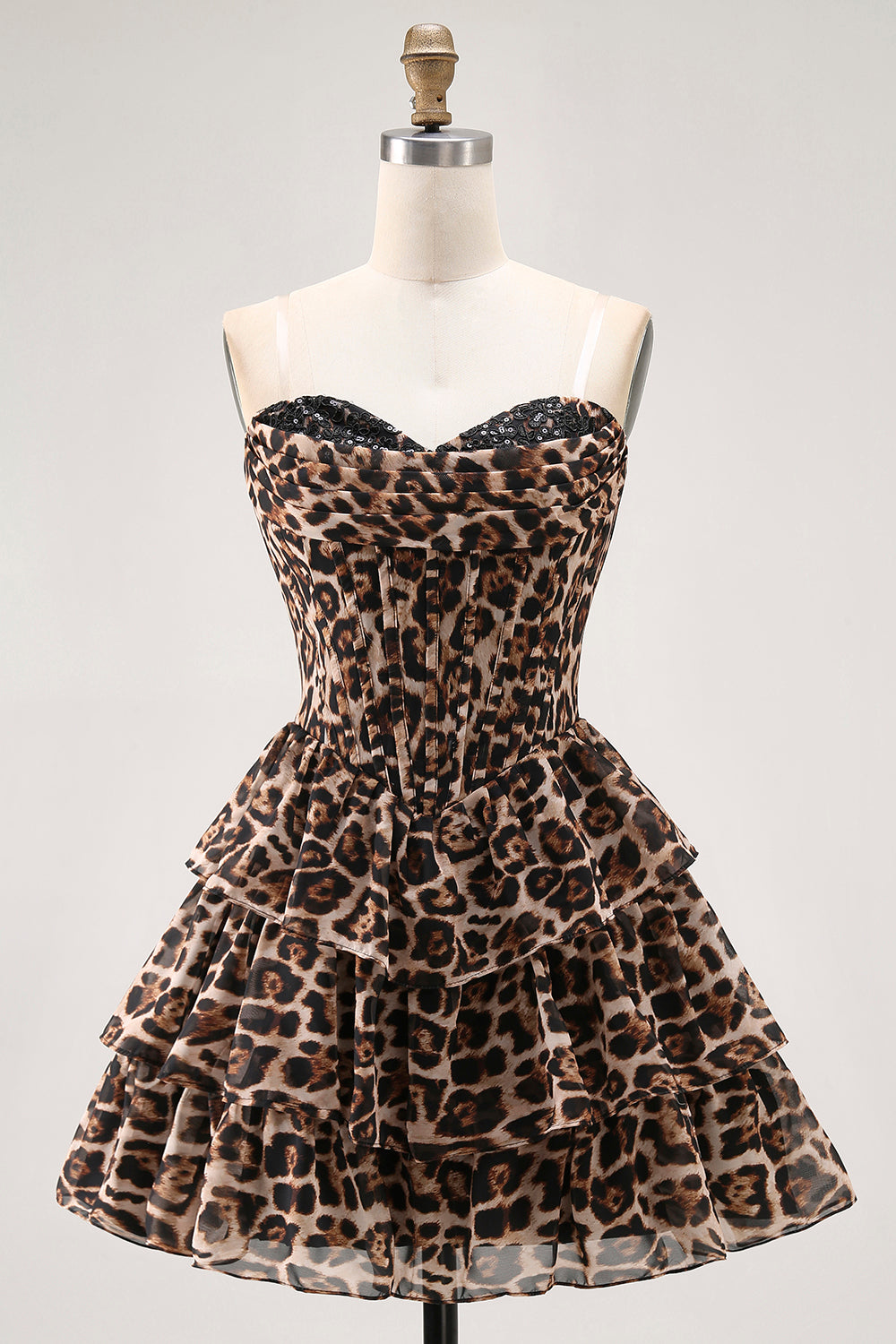Brown Leopard A-Line Sweetheart Corset Tiered Ruffle Cocktail Dress