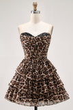 Brown Leopard A-Line Sweetheart Corset Tiered Ruffle Cocktail Dress