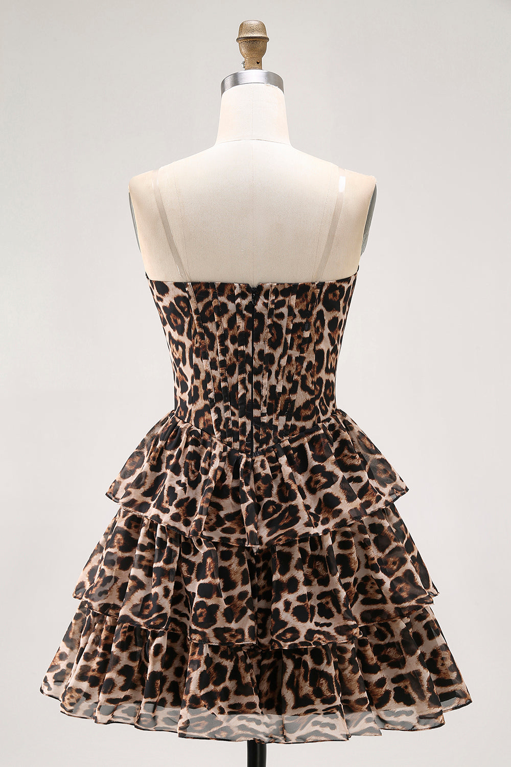Brown Leopard A-Line Sweetheart Corset Tiered Ruffle Cocktail Dress
