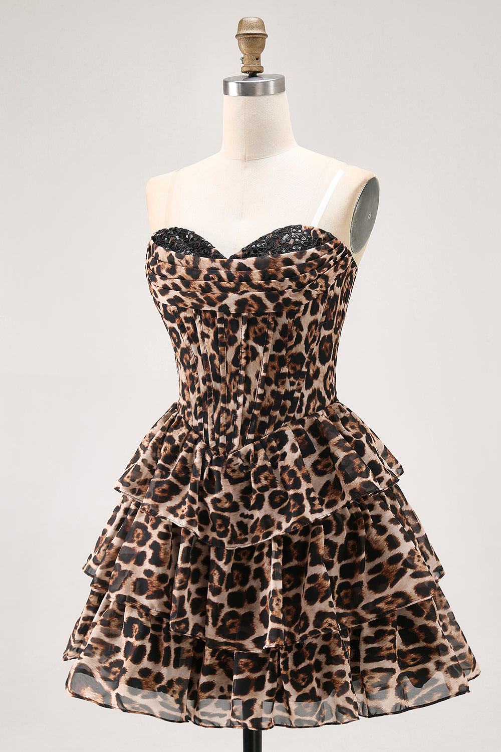 Brown Leopard A-Line Sweetheart Corset Tiered Ruffle Cocktail Dress
