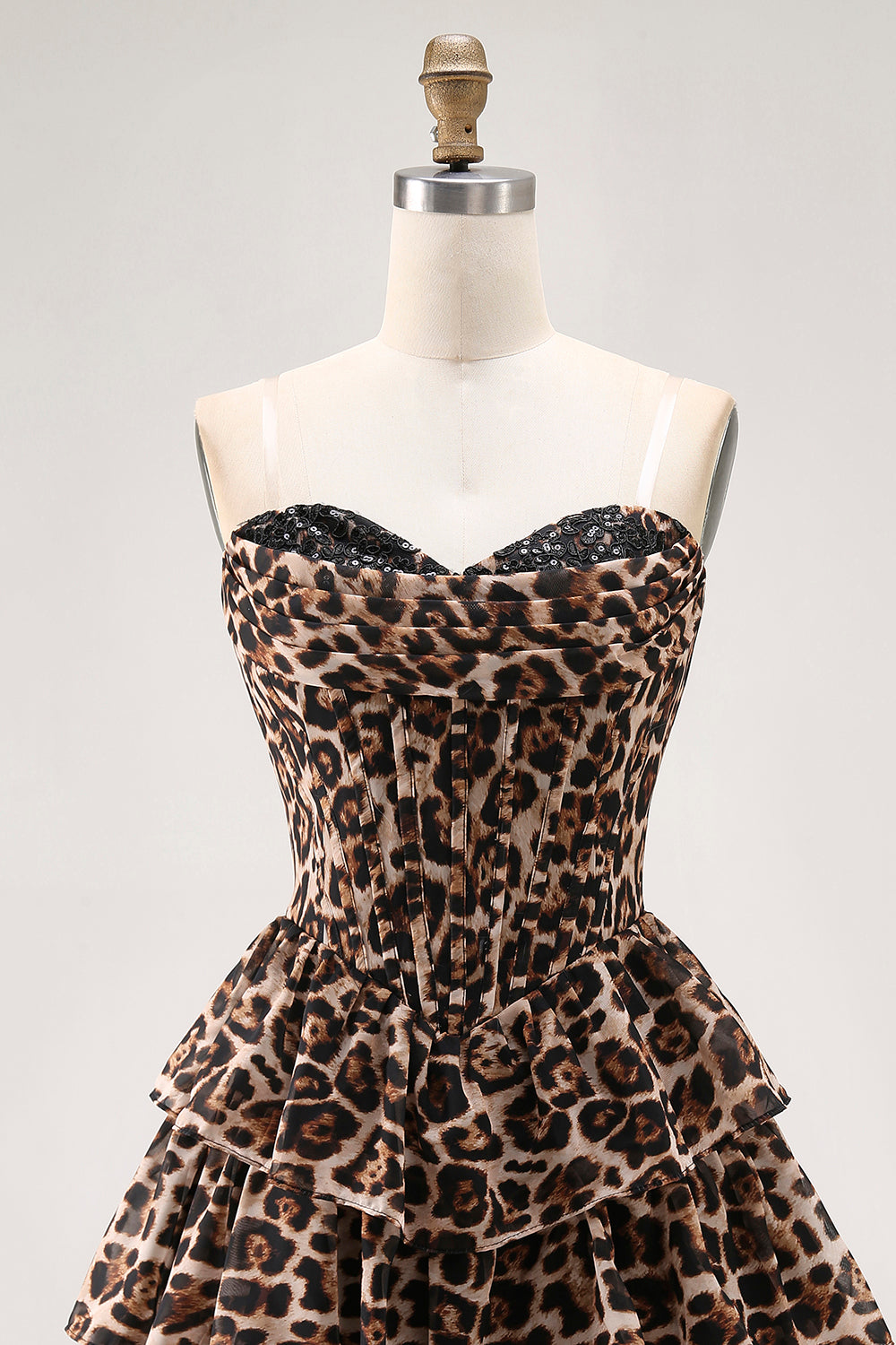 Brown Leopard A-Line Sweetheart Corset Tiered Ruffle Cocktail Dress