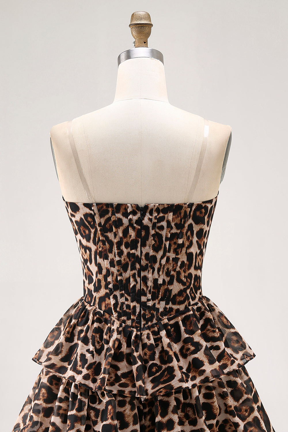 Brown Leopard A-Line Sweetheart Corset Tiered Ruffle Cocktail Dress