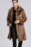 Brown Polo Collar Front Open Maxi Faux Fur Coat