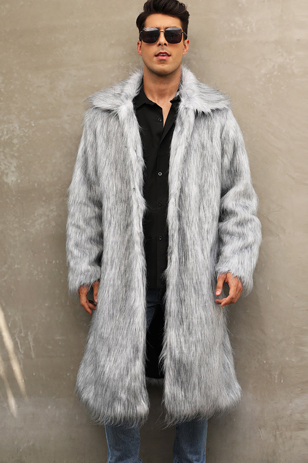 White Grey Long Front Open Polo Collar Fur Coat