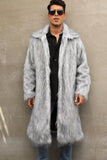 White Grey Long Front Open Polo Collar Fur Coat