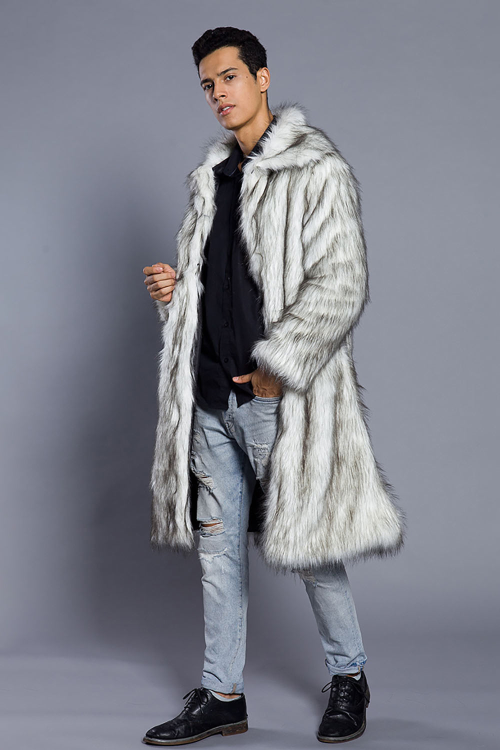 White Grey Long Front Open Polo Collar Fur Coat