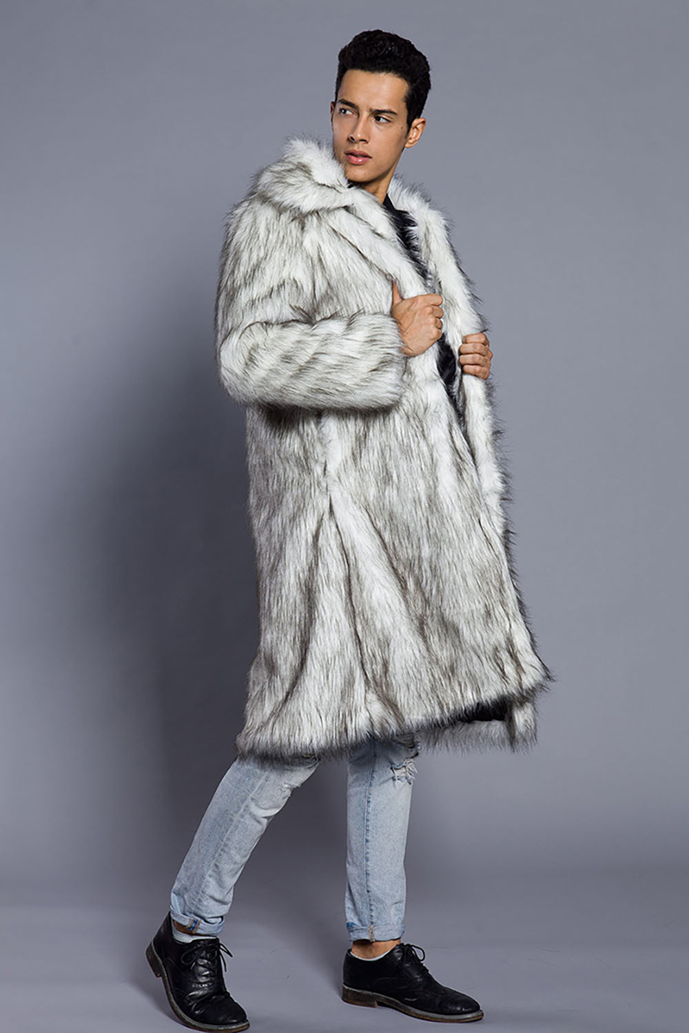 White Grey Long Front Open Polo Collar Fur Coat