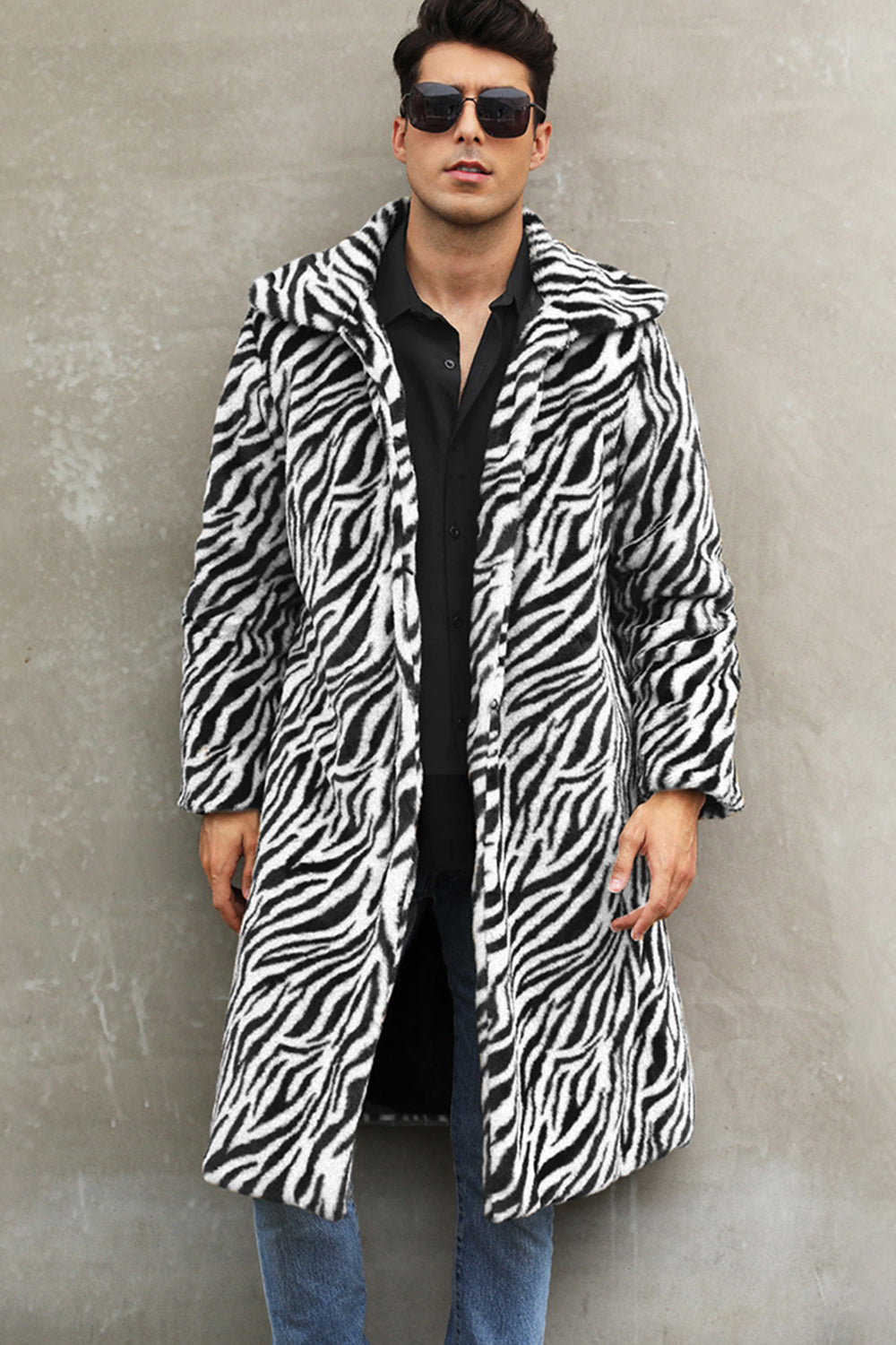 White and Black Straps Long Faux Fur Men's Winter Coat