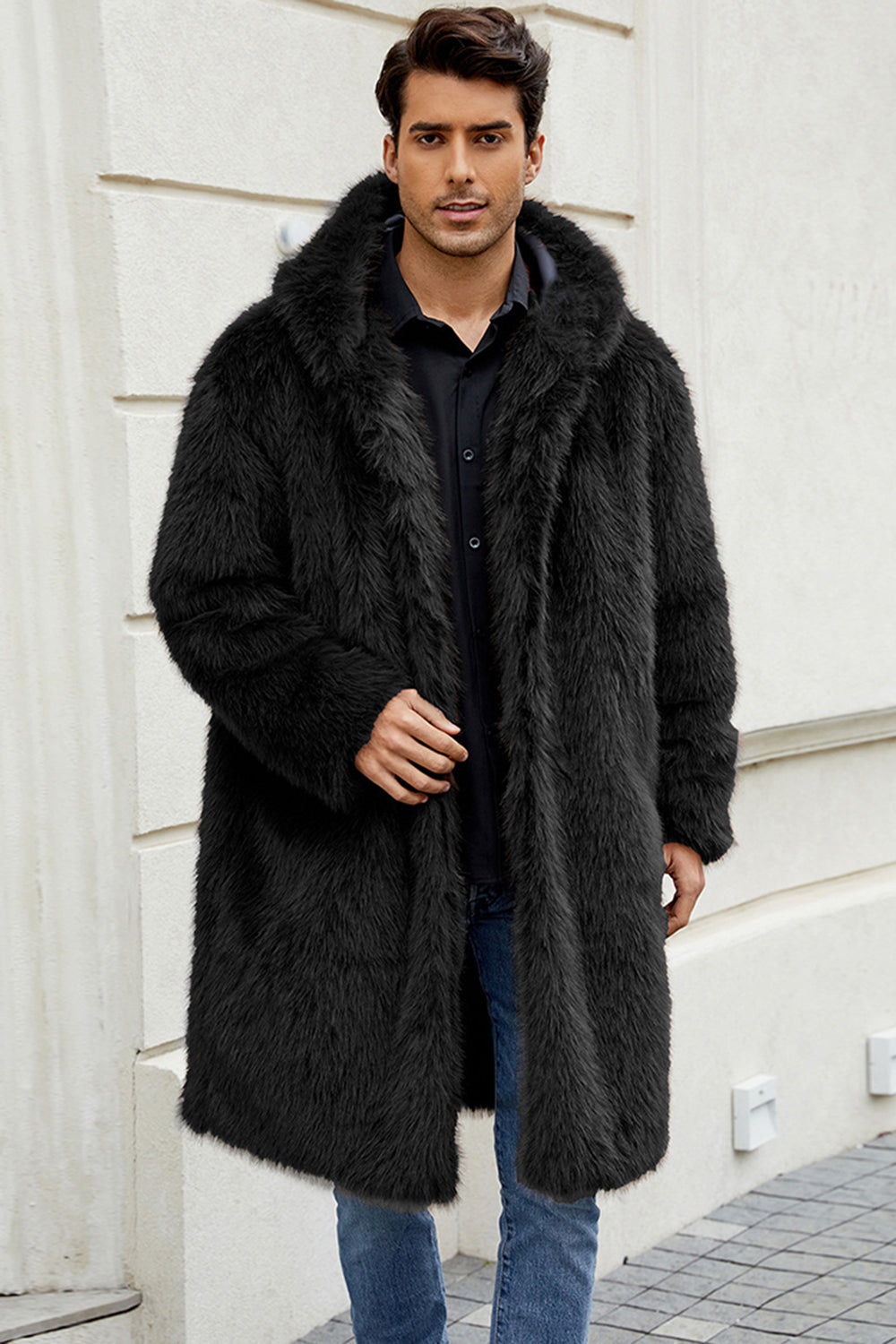 Black Faux Fur Long Warm Winter Men's Coat with Hood