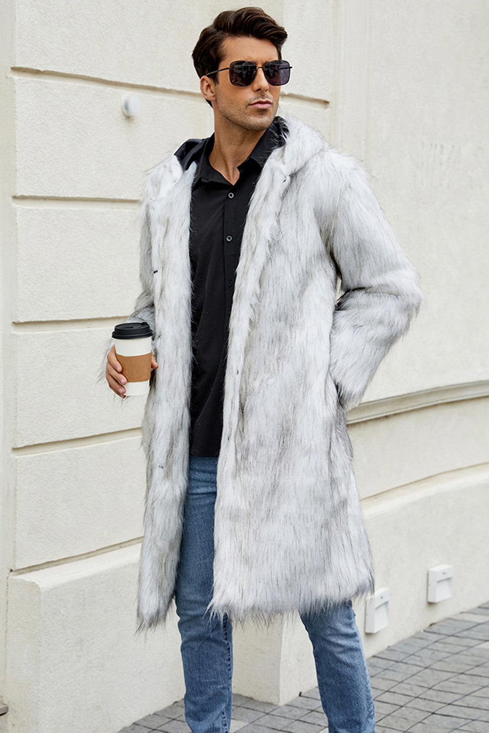 Black Faux Fur Long Warm Winter Men's Coat with Hood