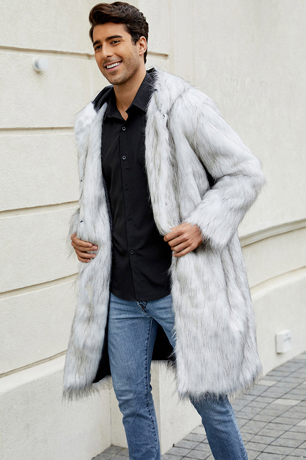 Black Faux Fur Long Warm Winter Men's Coat with Hood