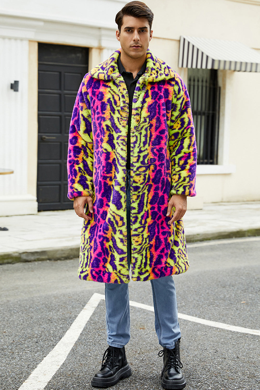 Colorful Leopard Long Faux Fur Winter Men's Coat