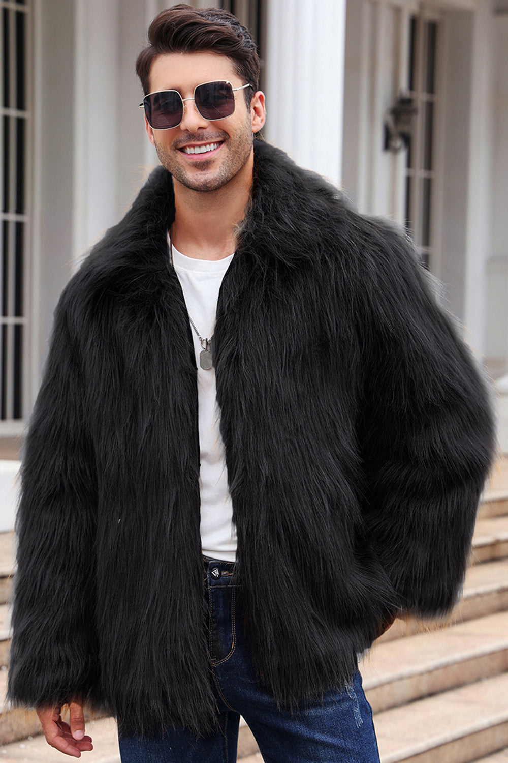 Black Fluffy Faux Fur Winter Men's Coat