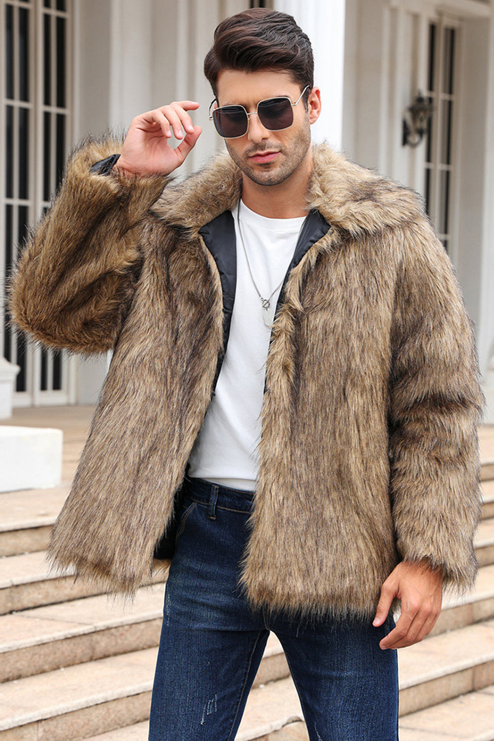 Black Fluffy Faux Fur Winter Men's Coat