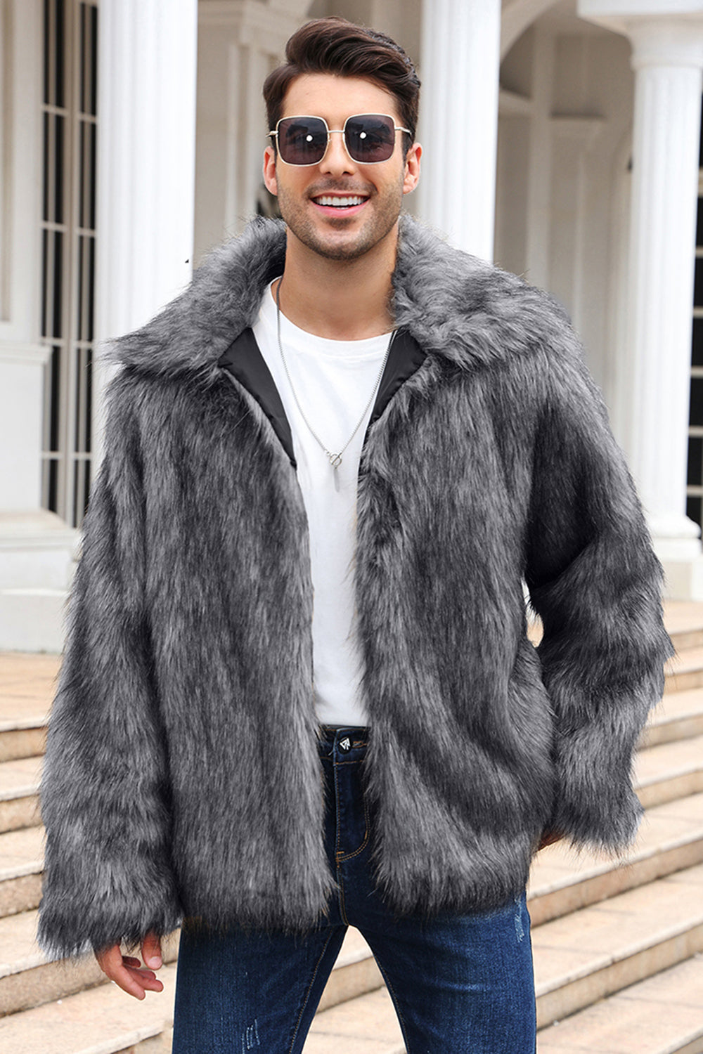 Black Fluffy Faux Fur Winter Men's Coat