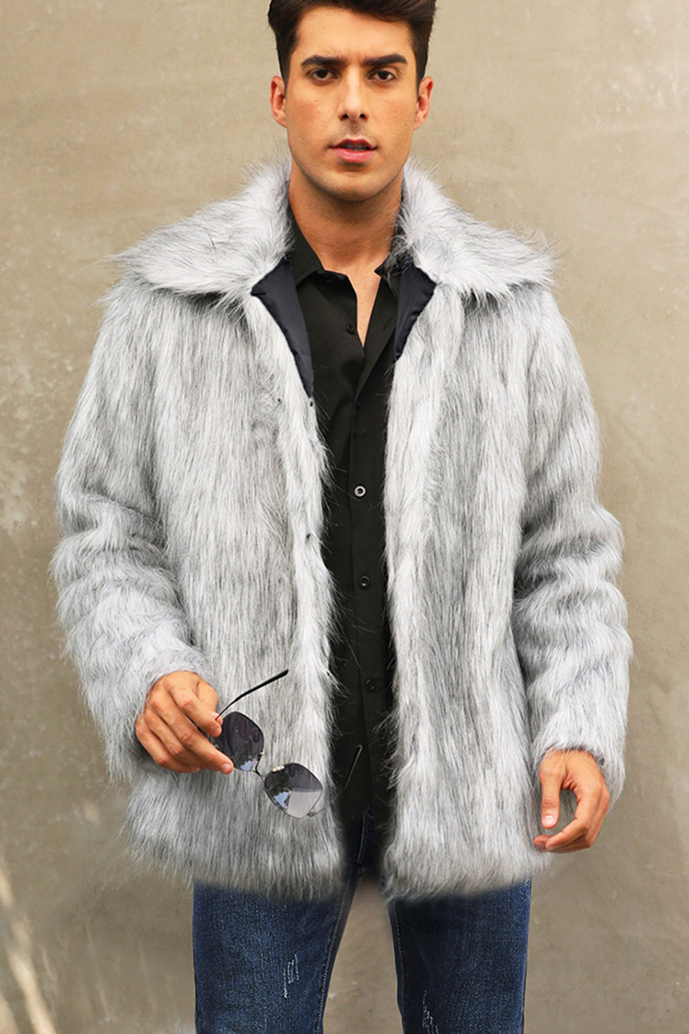 Black Fluffy Faux Fur Winter Men's Coat
