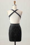 Black Bodycon V-Neck Beaded Cocktail Dress